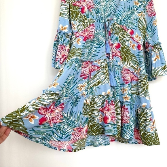 Blue  Island swim coverup or beach dress, 3/4 length sleeves, ruffled - Picture 7 of 11